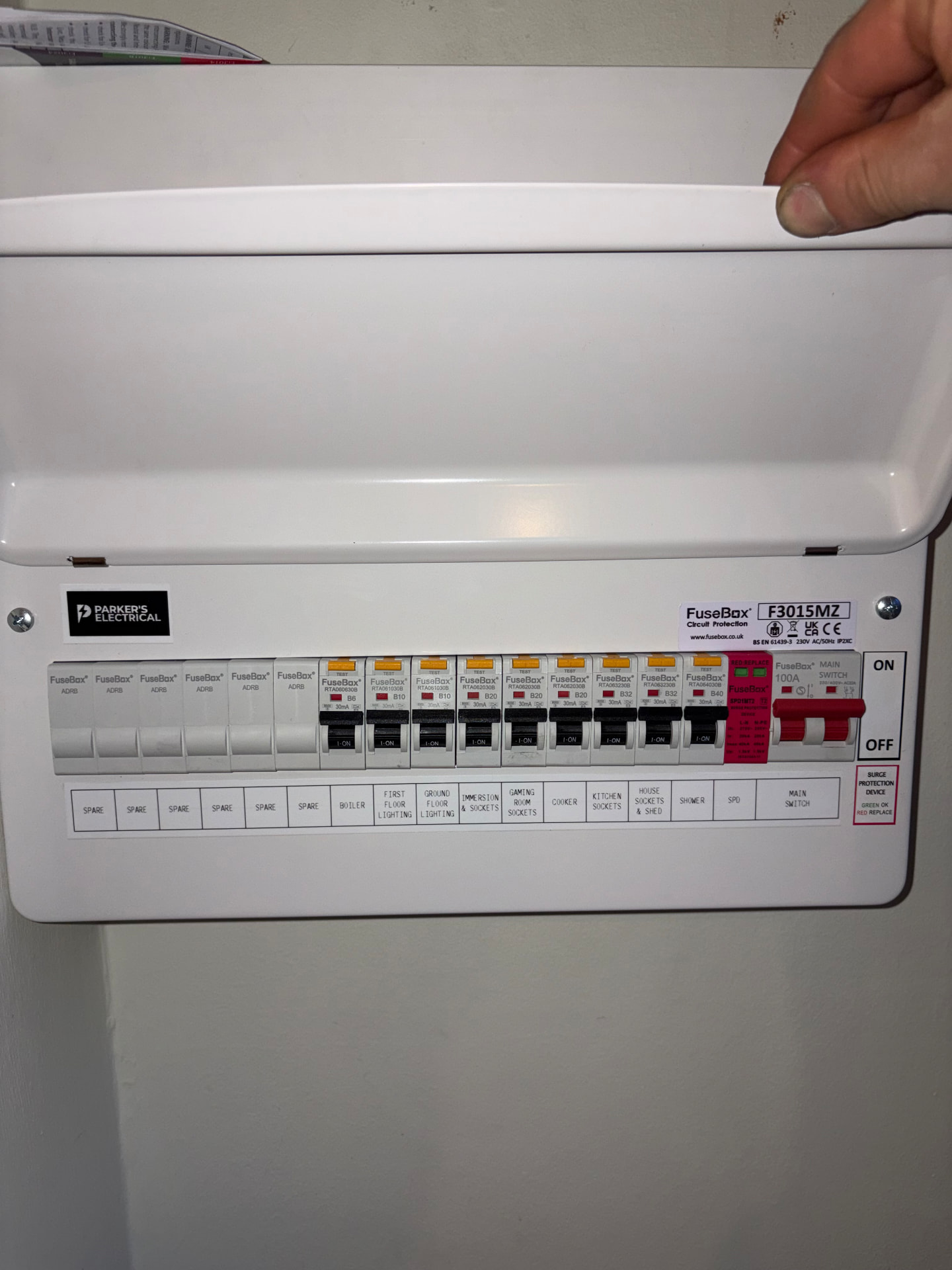 FuseBox consumer unit with clearly labelled circuits and surge protection device