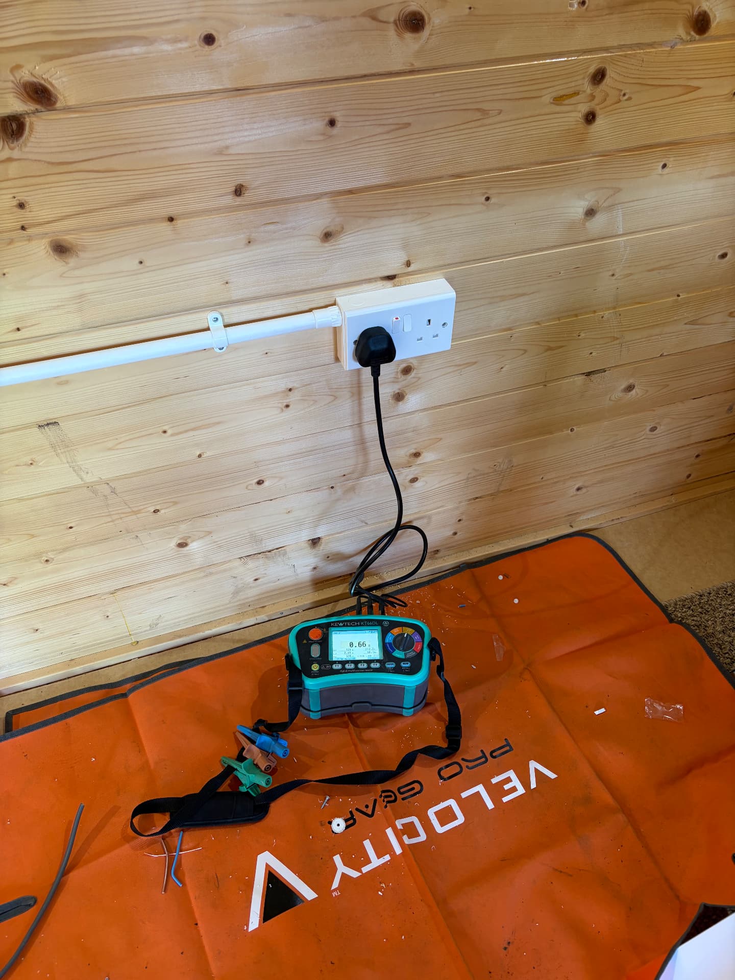 New garden room socket being tested with a Kewtech multifunction tester