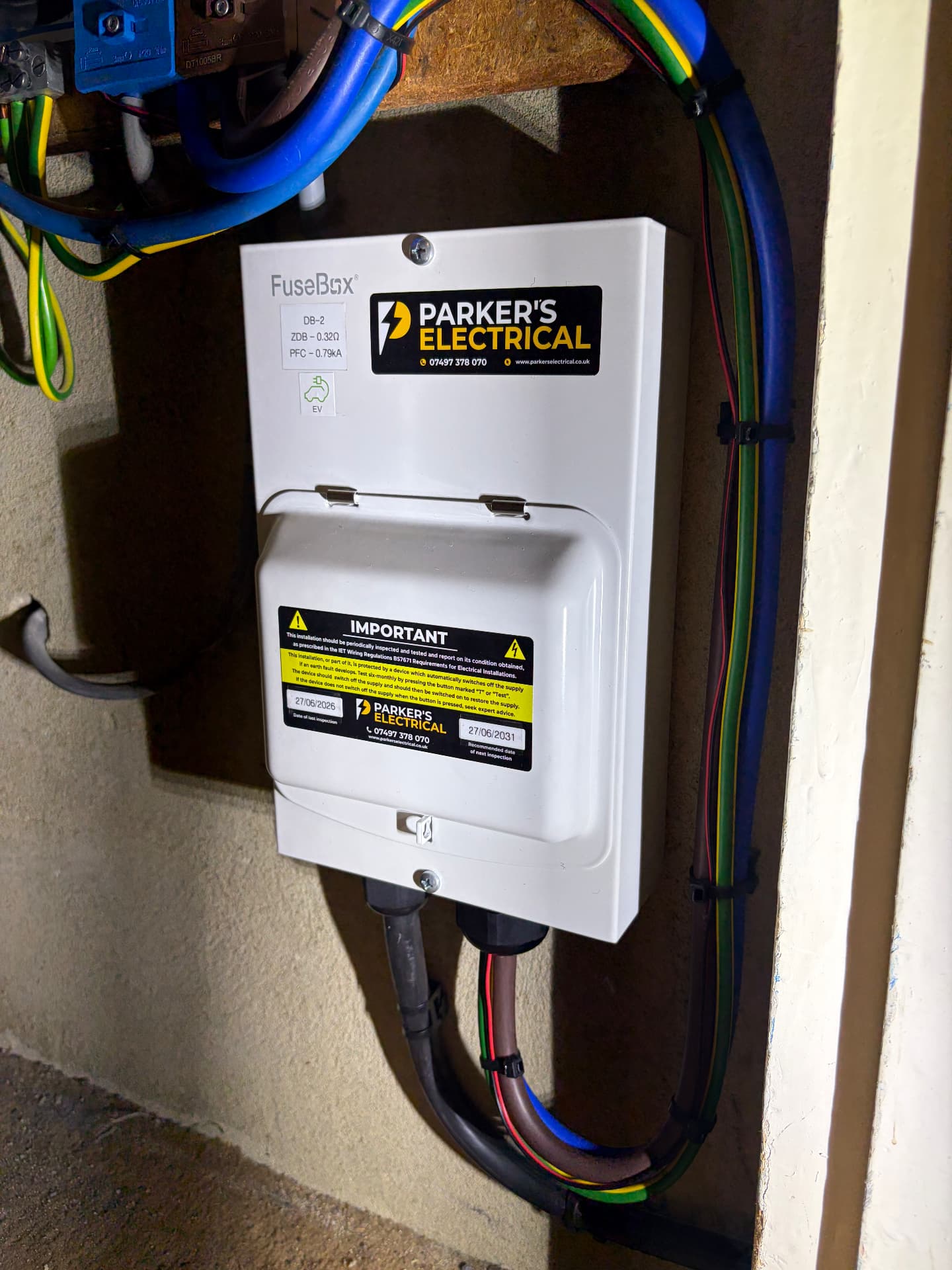 Dedicated EV charger sub-board installed and labelled with test results