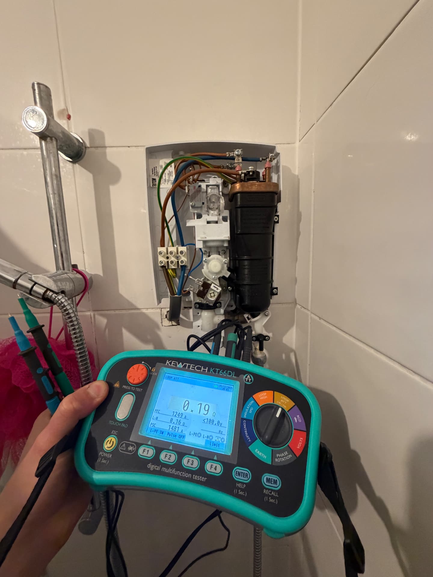 Electric shower circuit tested after replacement with a multifunction tester